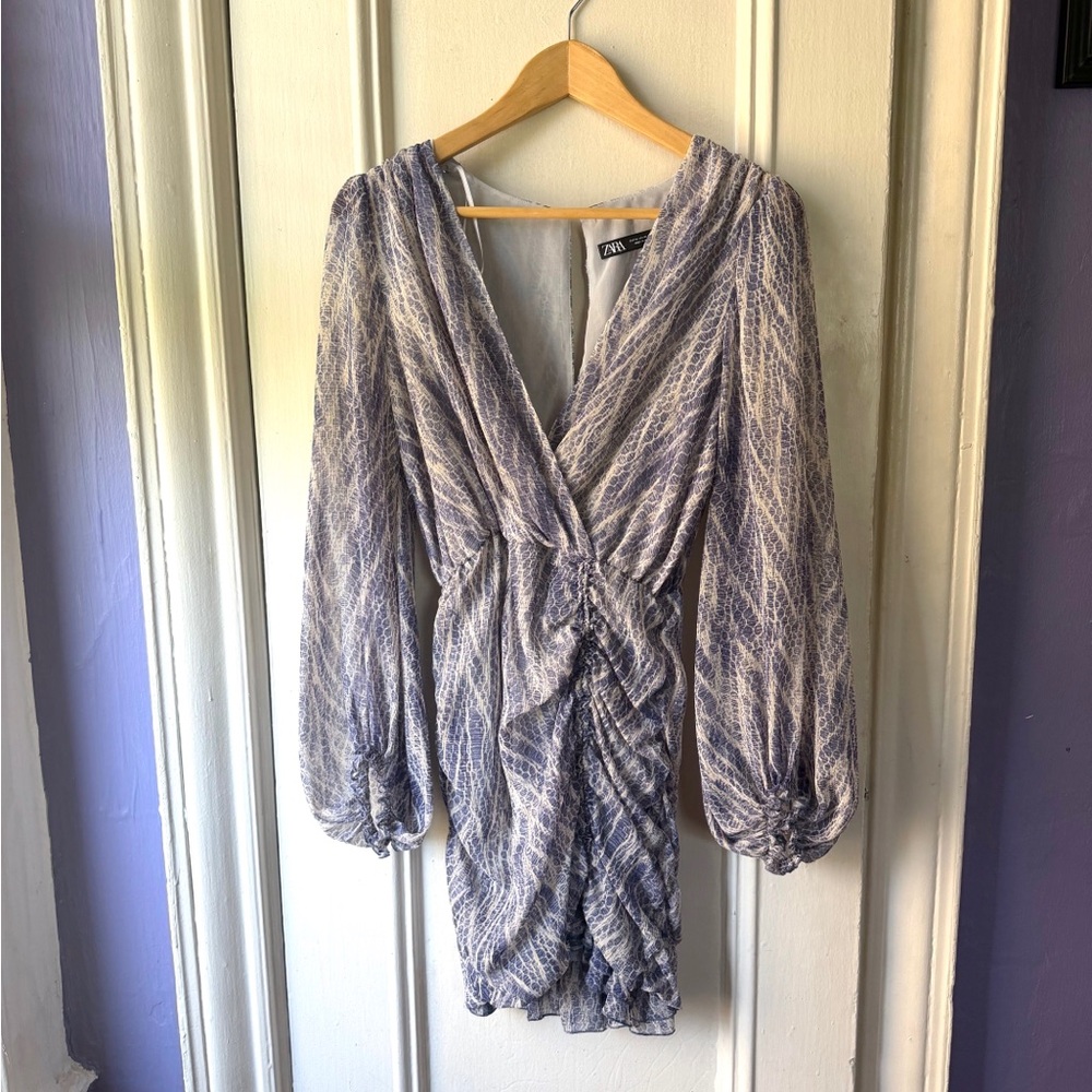 Zara Blue Patterned Long-Sleeve Dress